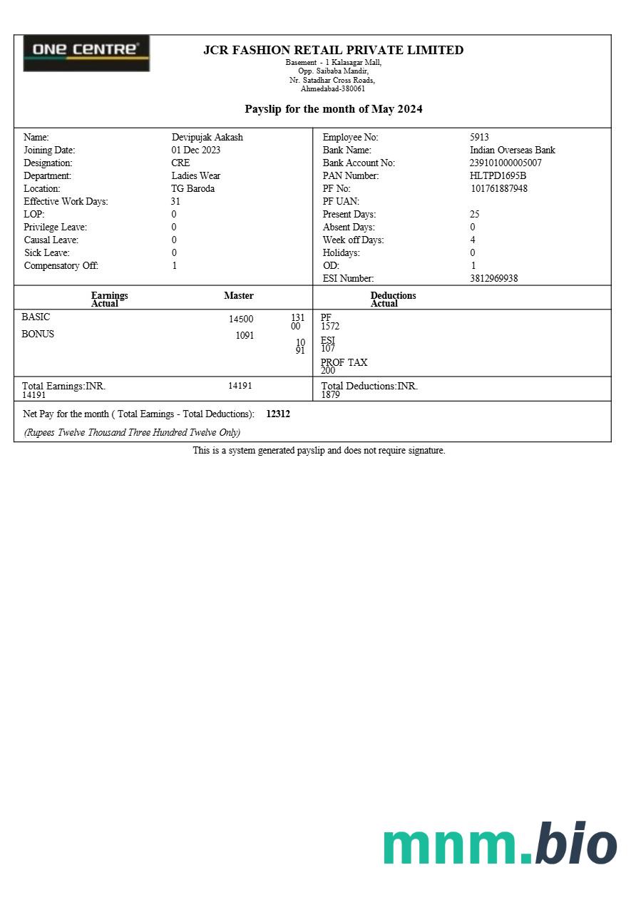 Szablon odcinka wypłaty JCR Fashion Retail w formatach Word i PDF